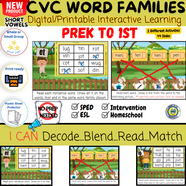 C-V-C Word Families - Animal Theme - Digital/Printable Game Mats
