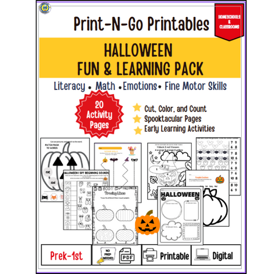 Halloween Fun Learning Pack 20-page |Prek-1st Instant Downloadable PDF