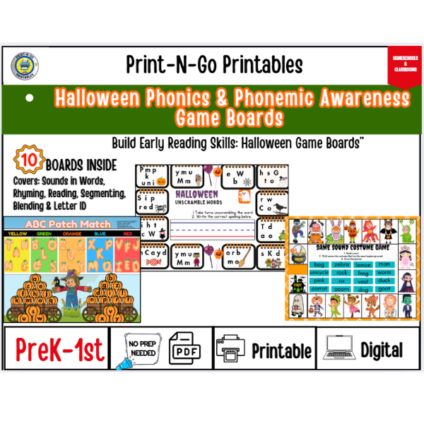 Halloween Phonics & Phonemic Awareness | 10 Game Boards |