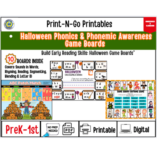 Halloween Phonics & Phonemic Awareness | 10 Game Boards |