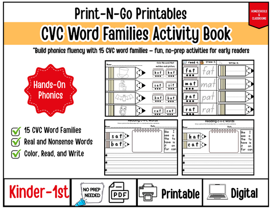 CVC Word Families Read, Write, & Color Activity Book