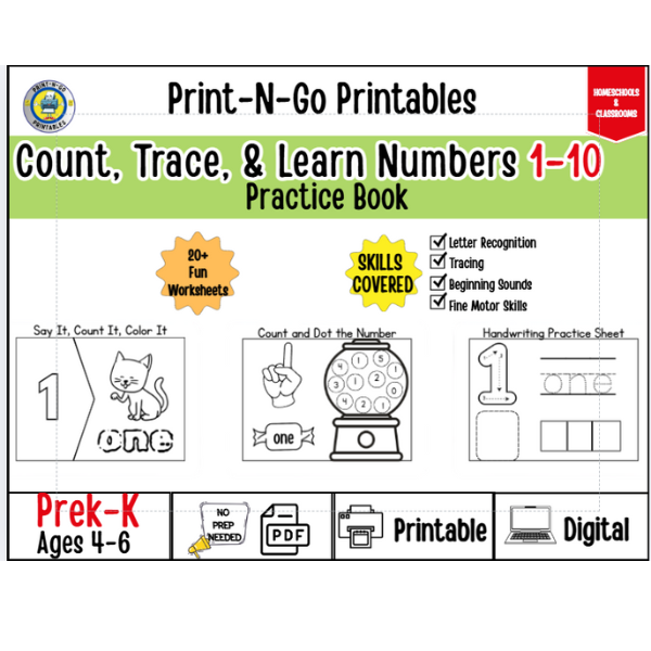 Count, Trace, & Learn Numbers 1-10 |Printable PDF| Prek-K