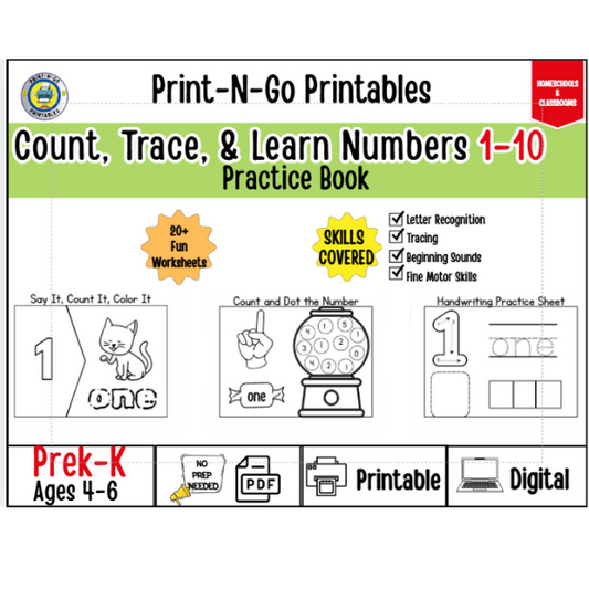 Count, Trace, & Learn Numbers 1-10 |Printable PDF| Prek-K
