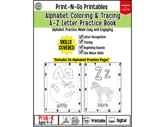 Alphabet Coloring & Tracing A–Z Letter Practice Book| 26 Pages for Letter Recognition, Tracing & Phonics
