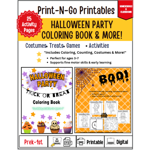 Halloween Party Coloring & Activity Book |Prek-1st | 25 pages