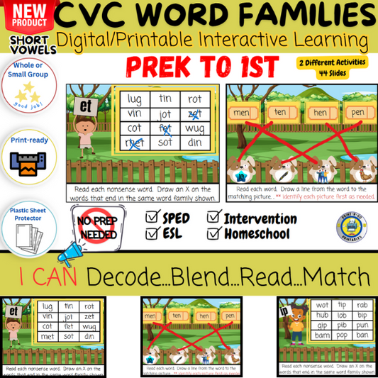 C-V-C Word Families - Animal Theme - Digital/Printable Game Mats