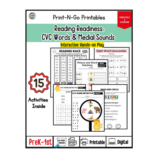 Reading Readiness:  CVC Words & Medial Sounds |15 No-Prep Pages