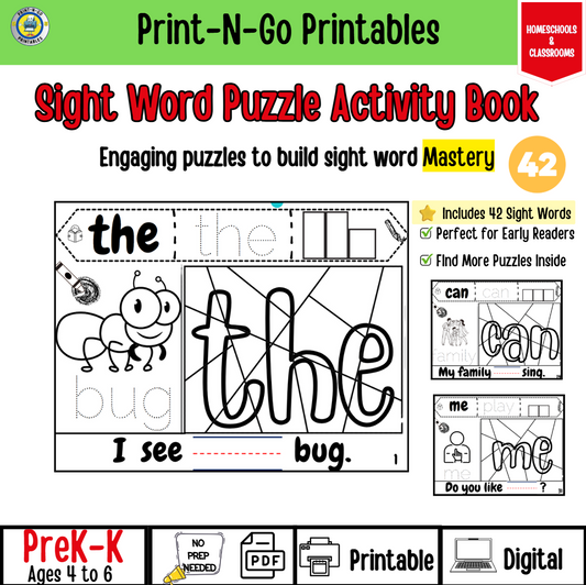 Sight Word Puzzle Activity Book | 42 High-Frequency Wordbook for PreK–K | Printable & Digital Literacy Practice