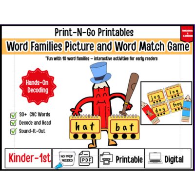 Word Families Picture & Word Match Game |Kindergarten–1st